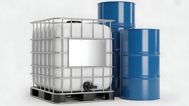 Industrial Chemical Storage Tanks and Blue Metal Barrels, Bulk Liquid Container System, Hazardous Material Handling, Manufacturing Supply and Warehouse Logistics Equipment