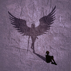 Naklejka premium Woman dreams of becoming a superhero. Female silhouette casting a shadow with wings angel. Power and ambition. Warlike girl goddess. Lady elf holding sword in hand.