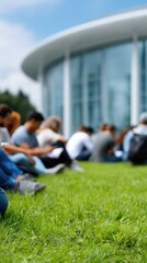 Groups of students sit and walk on a university campus under the sun, enjoying their time together during summer break
