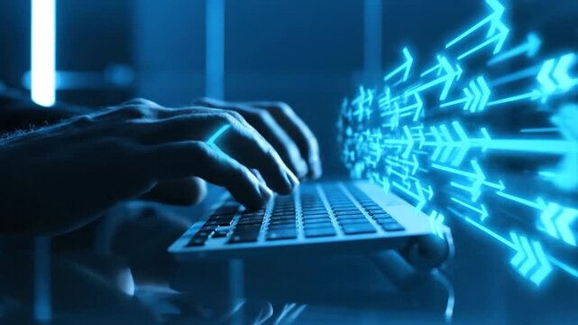 Hands typing on laptop with arrows.