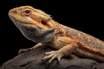 A captivating close-up captures an exotic reptile with intricate scales and prominent spikes, showcasing its unique textured skin in shades of orange, yellow, and brown. The animal is poised gently on