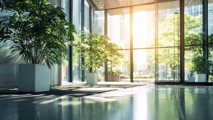 Fototapeta premium Modern Office Lobby with Lush Green Plants and Sunlight Streaming Through Large Windows.