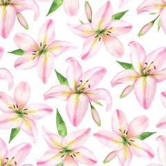 Seamless pattern of blooming lilies