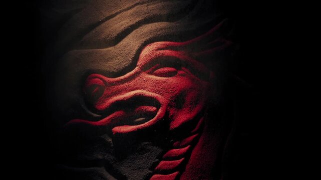 Ancient Red Dragon Carving In Flashlight
