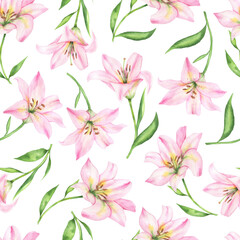 Seamless pattern of pink lilies