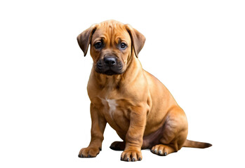 Obraz premium Adorable puppy with wrinkled face sitting cutely on a white background