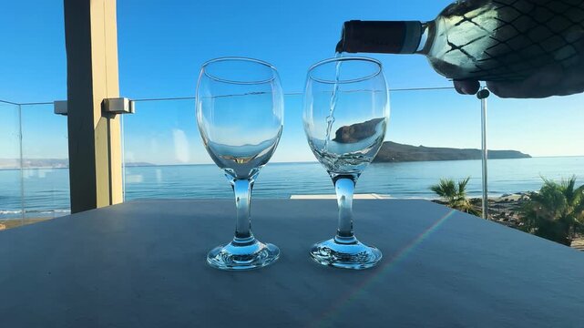 pouring wine into two glasses of cretan wine on Agia Marina beach, Crete Greece, toned