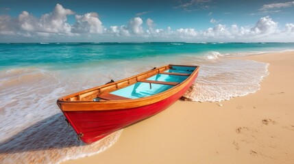 Idyllic Tropical Beach with Red Rowboat