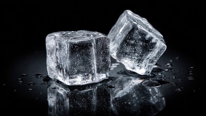 Obraz premium Two Clear Ice Cubes Reflecting on a Wet Surface.