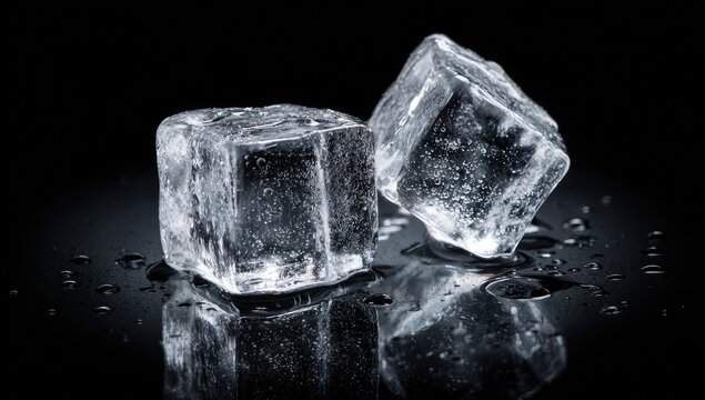 Two Clear Ice Cubes Reflecting on a Wet Surface.
