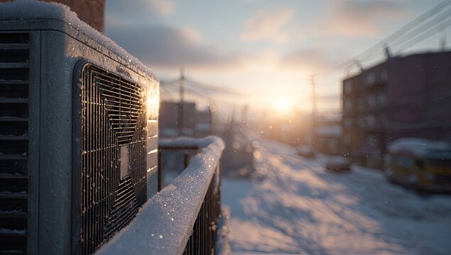 Close-up of an air conditioner unit on a snowy rooftop at sunset.