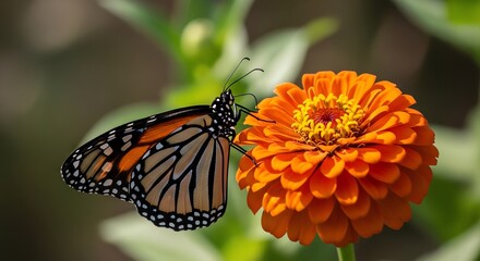 Obraz premium Monarch butterfly feeding on a vibrant orange zinnia flower in a garden.