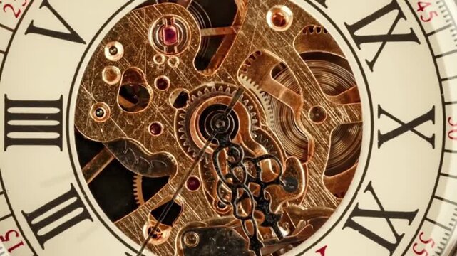 Macro Close-up of Vintage Mechanical Skeleton Watch Movement with Rotating Gears and Roman Numerals