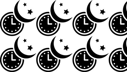 Fototapeta premium Seamless pattern of clocks and crescent moons with stars