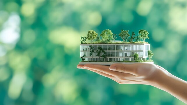 Sustainable Architecture and Green Building Design Held in Hand, Eco-Friendly Urban Development, Renewable Energy Integration, Environmental Conservation and Future Ready Smart Infrastructure