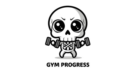 A cute cartoon skull character with big eyes holding dumbbells, with "GYM PROGRESS" text below.