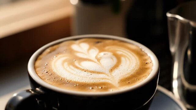 A cozy morning vibe with milk being poured to create latte art, perfect for caf&eacute; marketing or lifestyle blogs.