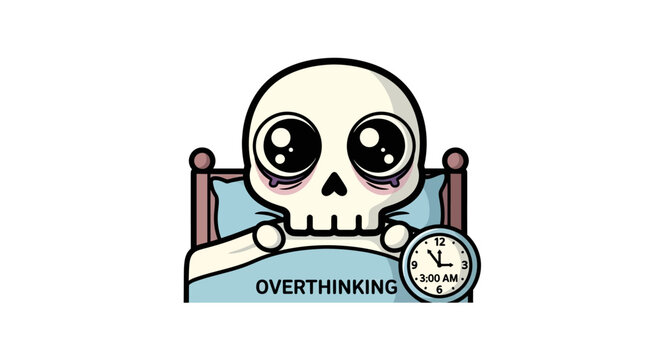 A cartoon skeleton character in bed, awake at 3 AM, suffering from overthinking and insomnia.