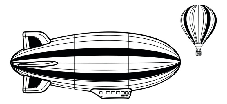 Hand drawn line art air transport set featuring a blimp and a hot air balloon for retro travel illustrations