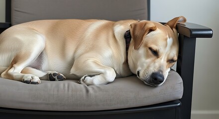 Blond dog sleeps peacefully on a cushioned armchair indoors.