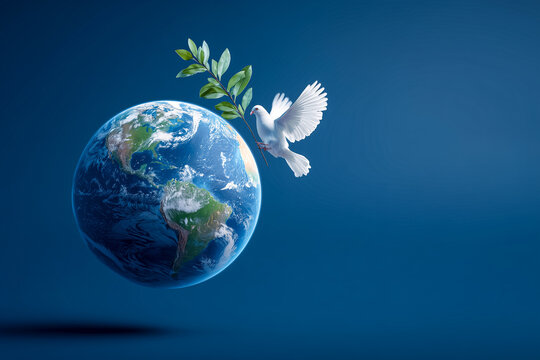 planet earth floating with white dove carrying olive branch symbolizing global peace and environmental unity