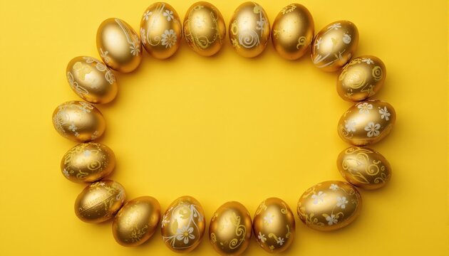 Easter golden decorated eggs on yellow background. Golden Easter eggs frame border on yellow background. Happy Easter card. Top view, flatlay.
