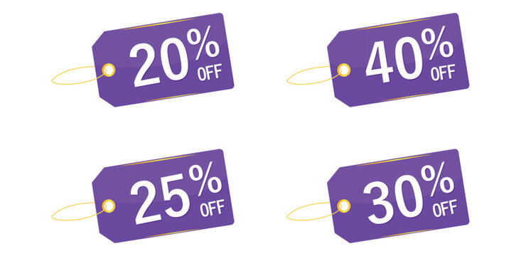 Sale tags 20 25 30 40 off discounts offers retail shopping promotional marketing advertising savings bargain deals