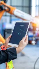 Naklejka premium Person holds a tablet device in front of an industrial robot in a factory setting