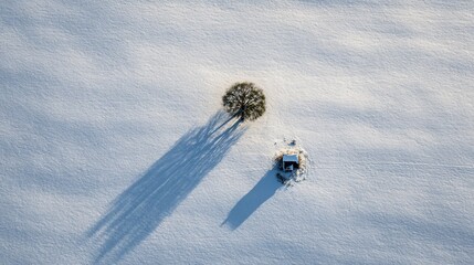Aerial view of a small tree casting a long shadow on a snow-covered landscape with small shelter