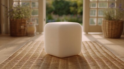 Modern white cube object on rug, indoor-outdoor setting, open doors, sunlit exterior, plants, cozy vibes