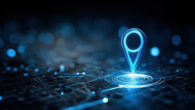 Glowing Blue Location Pin on Digital Map with Futuristic Network Connections.