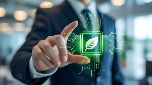 Sustainable Business Technology with Digital Green Leaf Icon, Corporate Environmental Responsibility, ESG Strategy Implementation, Clean Energy Innovation and Smart Governance Solutions