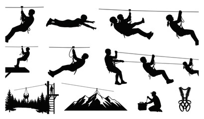 Zipline Silhouette Activity Icon Set Adventure Park Rider Vector Collection Isolated on White Background © Morjina