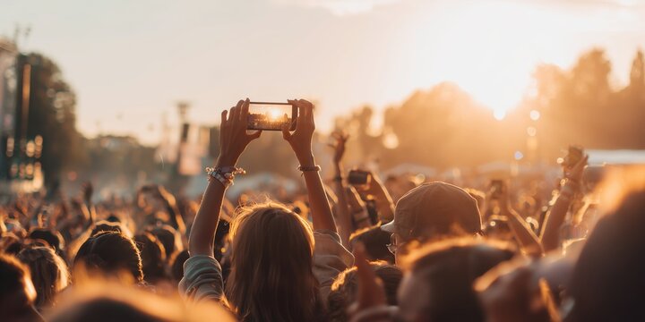 Crowd at outdoor concert during sunset taking pictures with phones