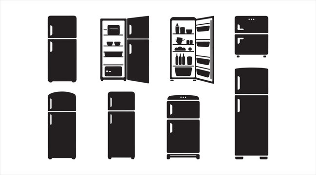 Kitchen refrigerator icon collection with various fridge styles in solid and outline format