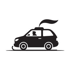 Obraz premium Compact car with luggage on roof and person inside vector illustration on transparent background. concept of travel, vacation, and road trips