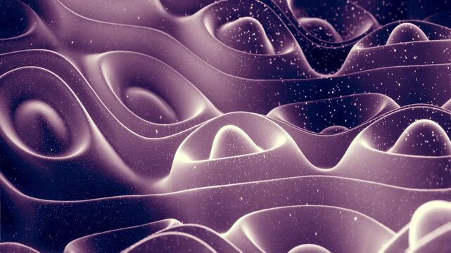 Abstract geometric surface like landscape or terrain, extrude or displace 3d noise. Loop 4k. Abstract waves of soft black matte material with light inner glow and glitters on morphing surface.