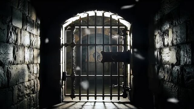 Dramatic view of a dark prison cell with arched metal bars and brick walls illuminated by a single beam of light conveying confinement mystery and suspense