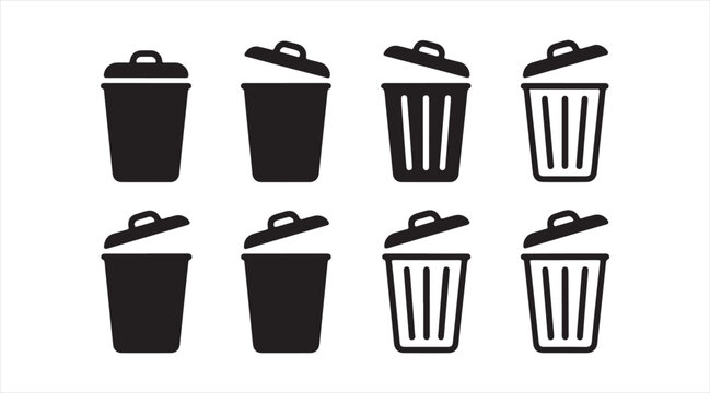 Garbage container icon pack with multiple bin styles for sanitation and environmental graphics