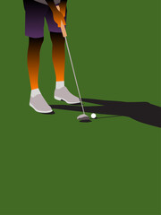 Close-up vector illustration of a golfer's legs and putter on a green grass field.