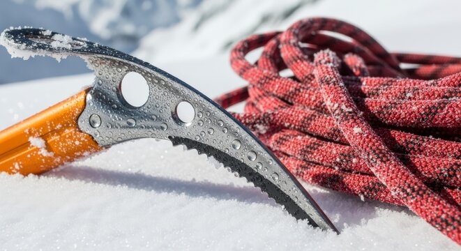 Ice Axe and Climbing Rope on Snow.