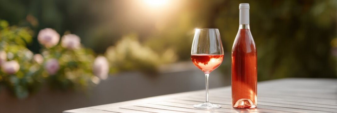 Chilled ros&eacute; wine bottle and glass on outdoor table in sunlight