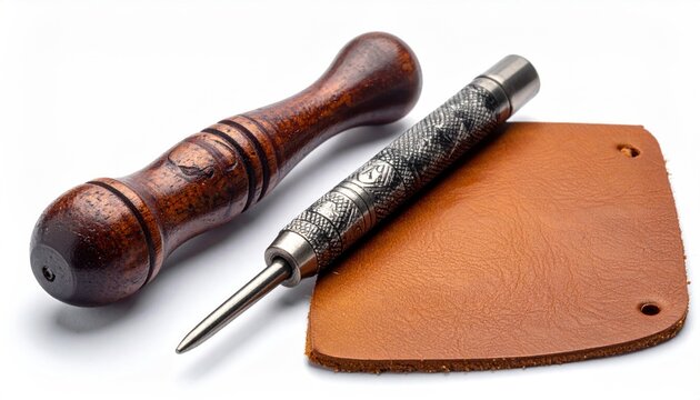 Leather crafting tools with wooden handle and leather piece.