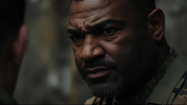 An intense military confrontation showcasing serious emotions.