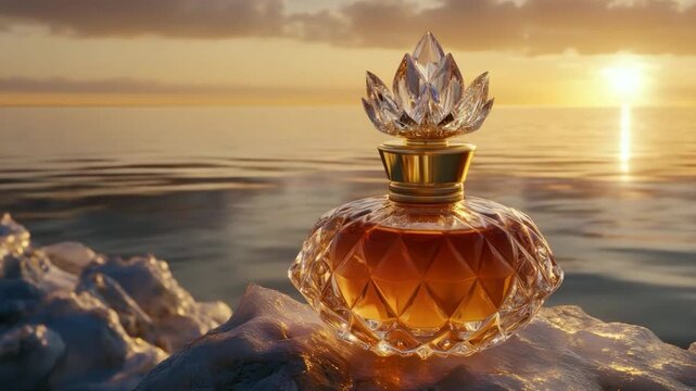 Ornate glass perfume bottle with floral stopper on a textured surface, sunset over water backdrop