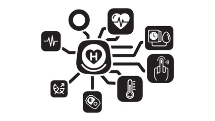 Naklejka premium Medical AI Diagnostics Hub with Integrated Wearables and Health Sensors for Enterprise Healthcare Analytics Risk Assessment and Population Health Management