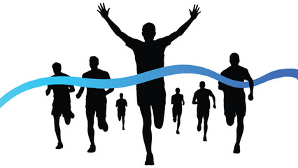 Marathon Runners Silhouette Crossing Finish Line with Victory
