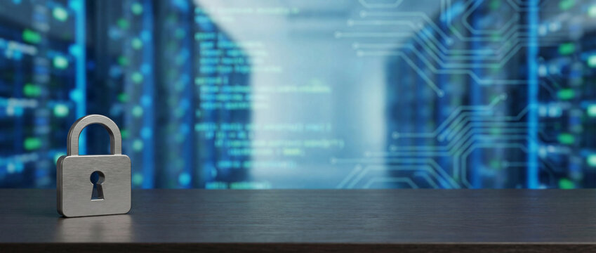 Secure lock on table with blurred digital server background showing data protection concepts. Digital security is vital in modern marketing environments to ensure safe communication and client trust.