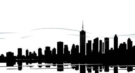 Fototapeta premium city, skyline, silhouette, urban, metropolis, buildings, skyscrapers, downtown, architecture, cityscape, horizon, outline, black, monochrome, minimal, modern, graphic, vector, illustration, icon, symb