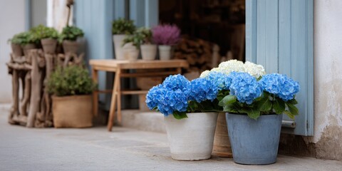 Vibrant blue hydrangeas in pots on rustic terrace